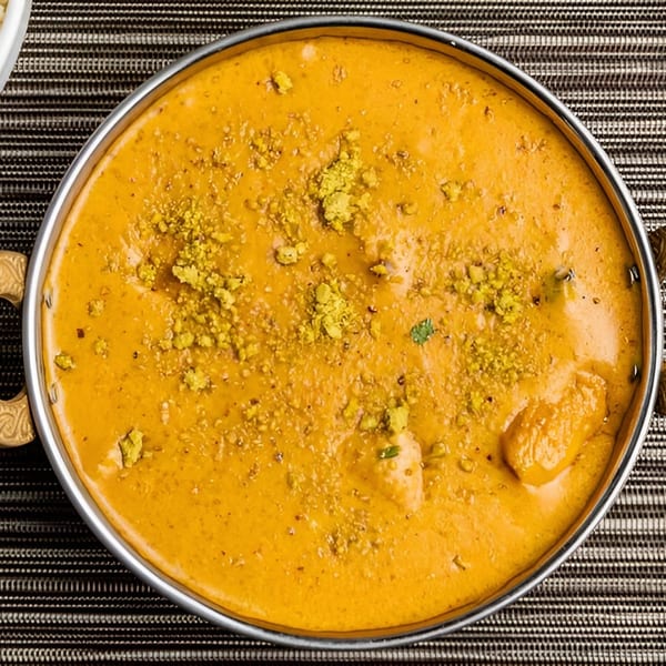 Overhead view of a copper karahi filled with creamy orange curry, served with white rice.