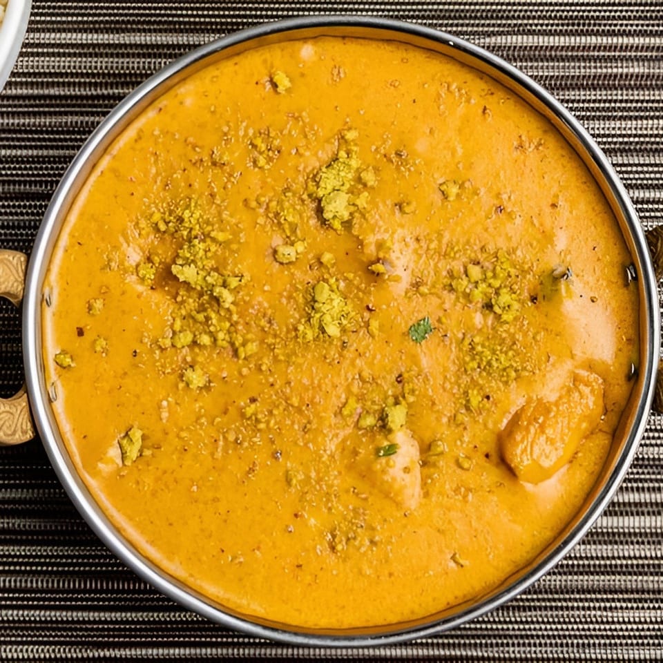 Overhead view of a copper karahi filled with creamy orange curry, served with white rice.