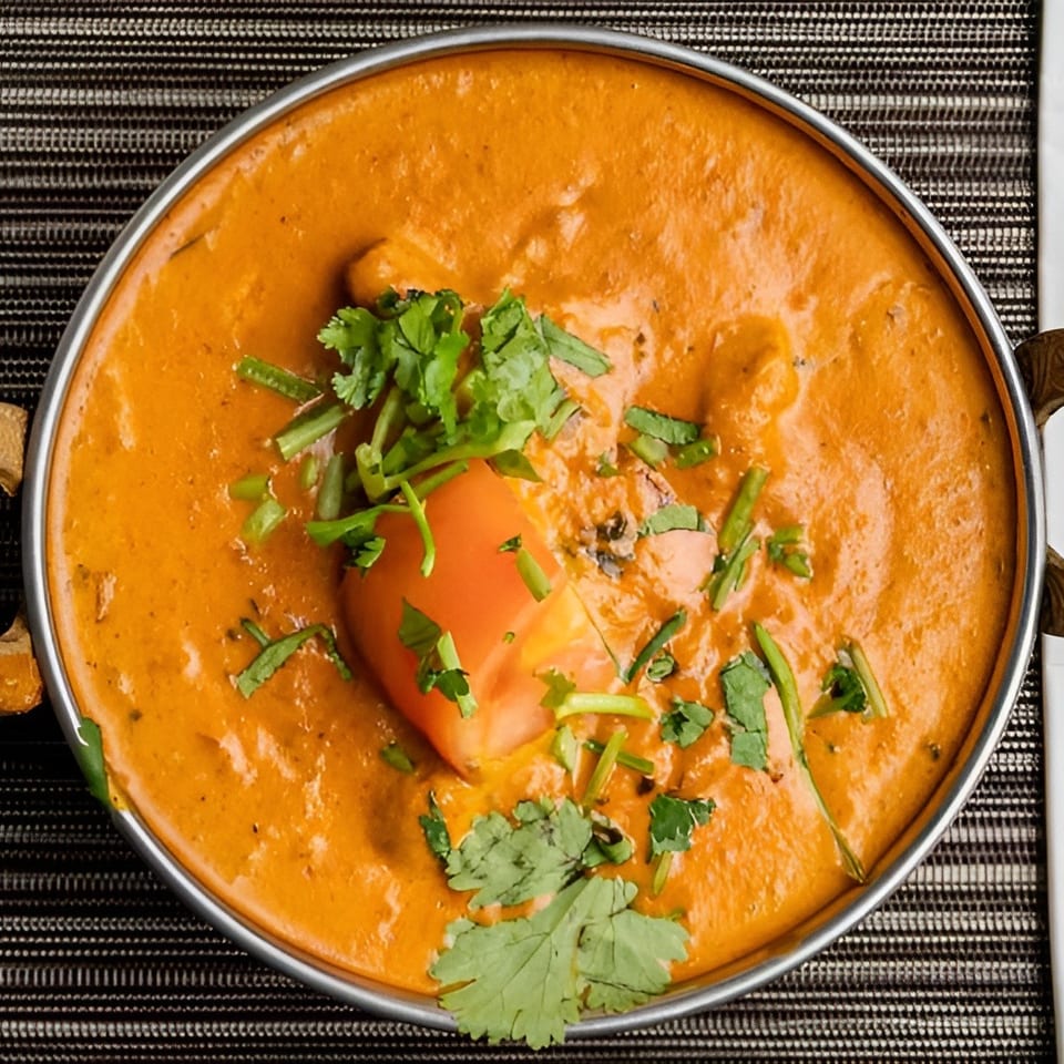 Overhead view of a vibrant orange curry in a metal bowl, garnished with cilantro and a tomato wedge.
